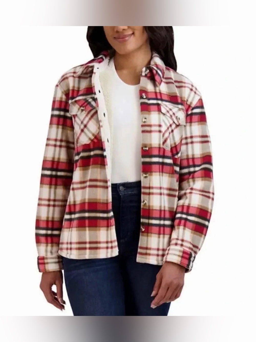 NWT Sage Collection Jacket Plush Shirt Shacket Red Plaid Fleece Sherpa Women Med